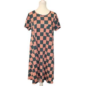LULAROE Carly Flag Dress Med Americana Patriotic USA Red White Blue Midi